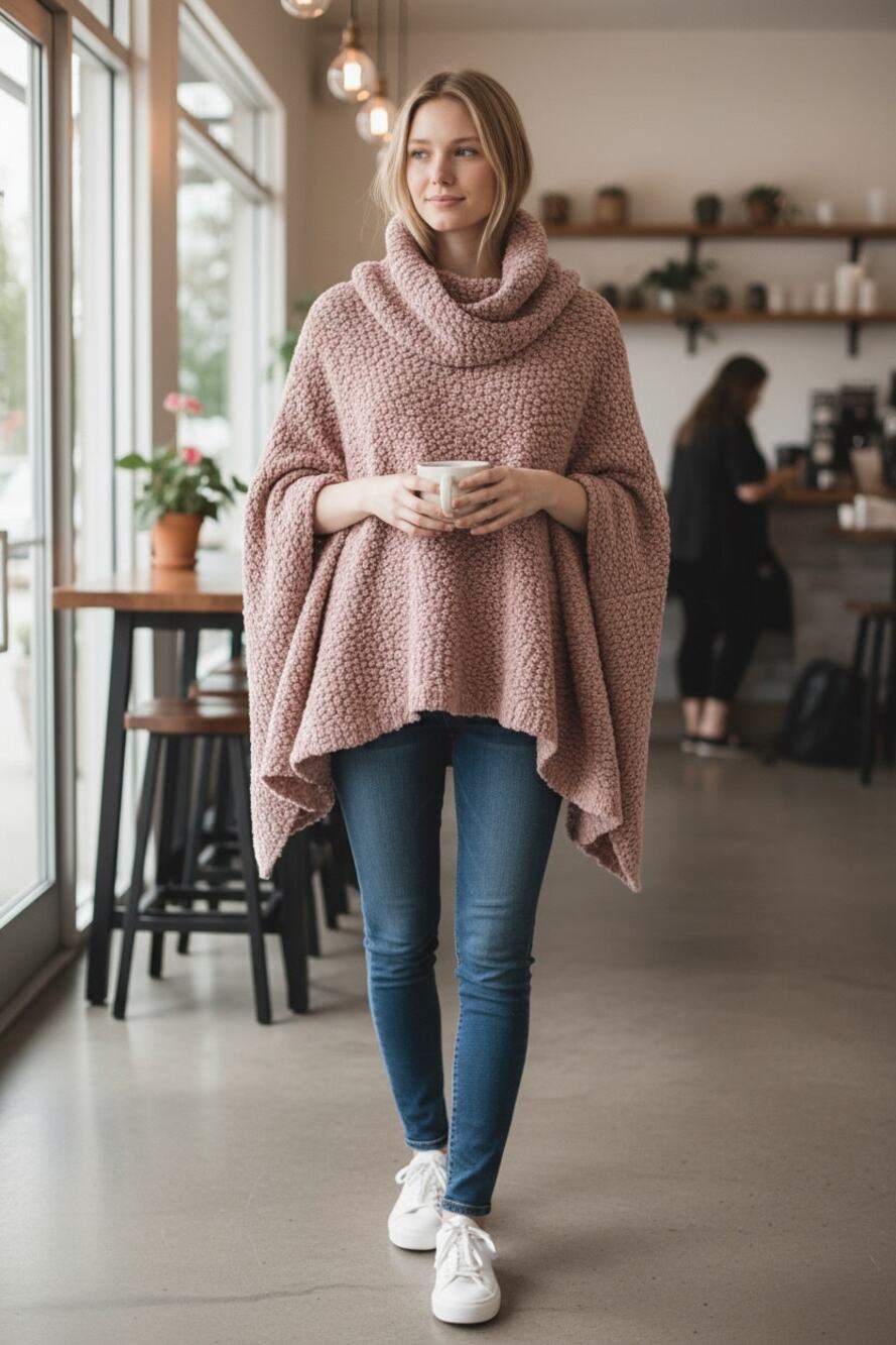 ROMEO and JULIET Couture Poncho Size M Pink Soft Fluffy Turtleneck Cowl Cute